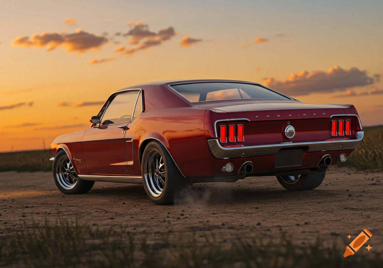 A red 1969 Ford Mustang classic car seen from behind on a dirt road at sunset.