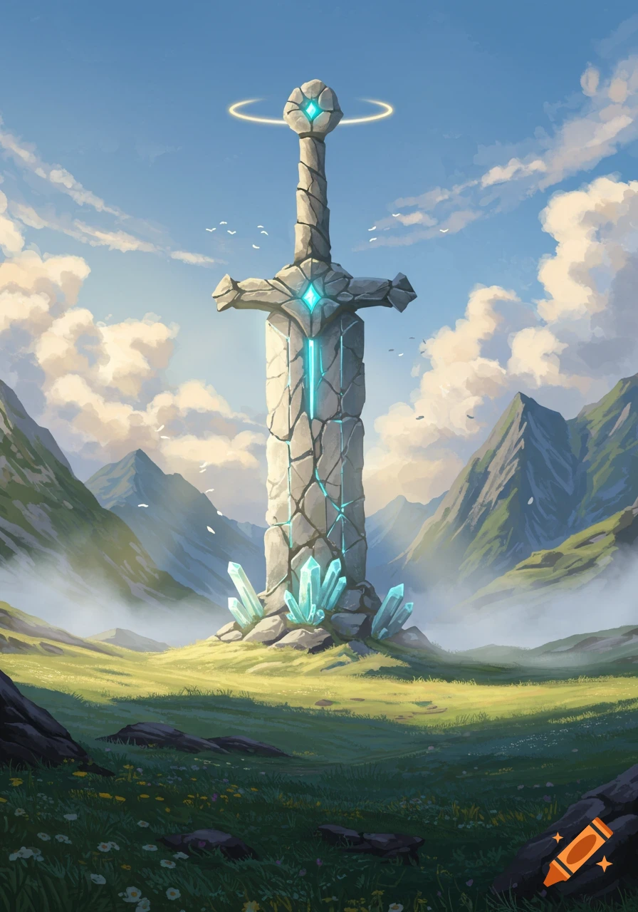 A giant stone sword monument with glowing blue crystals stands in a lush green valley surrounded by mountains, under a cloudy sky.
