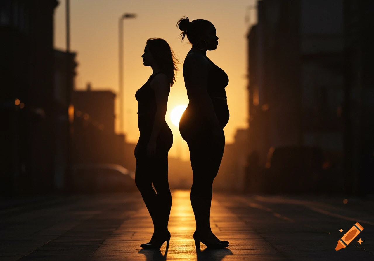 Silhouettes of two women with different body types standing back-to-back on a street at sunset.