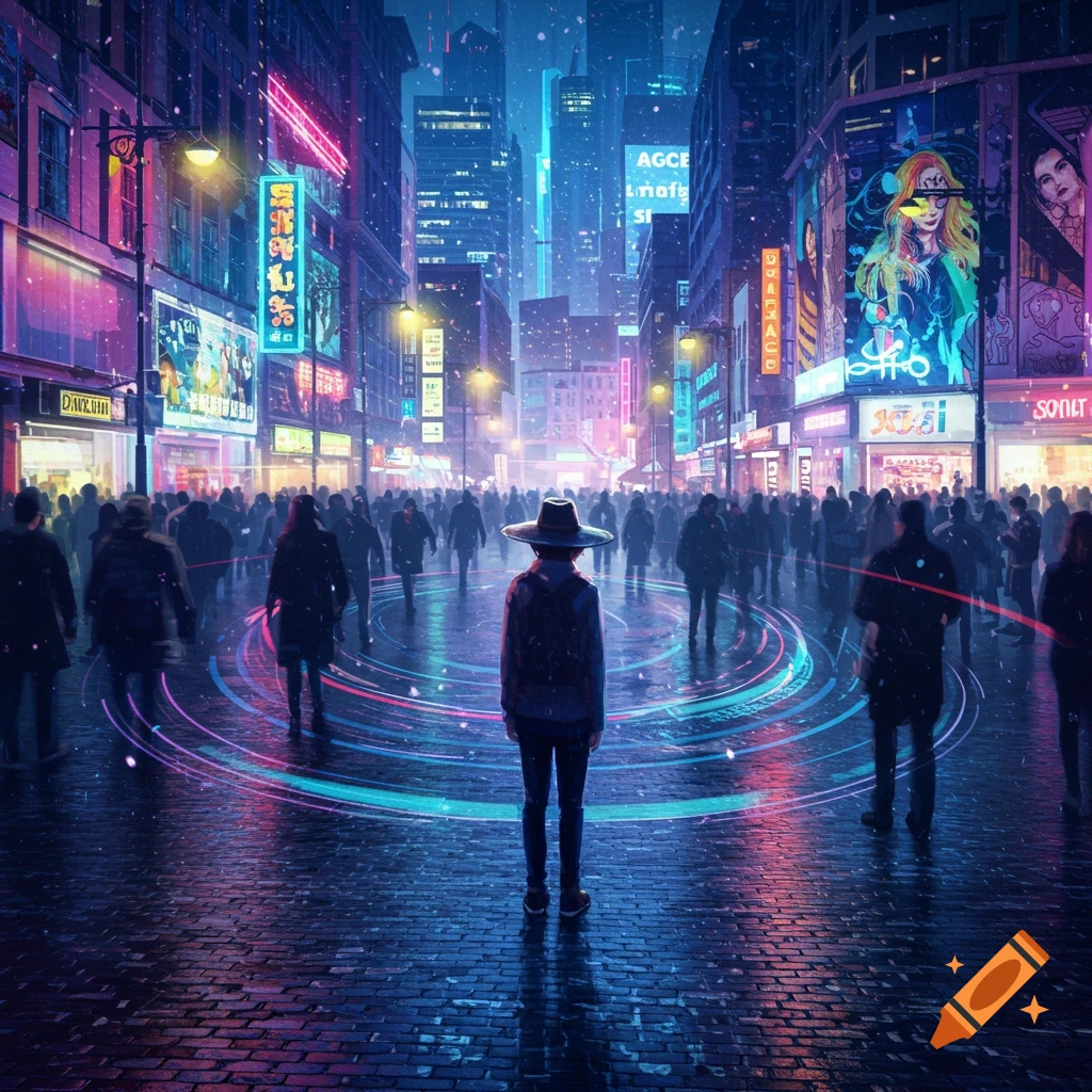A person in a hat stands in the middle of a bustling, neon-lit cyberpunk city street, surrounded by blurred crowds and bright signs.