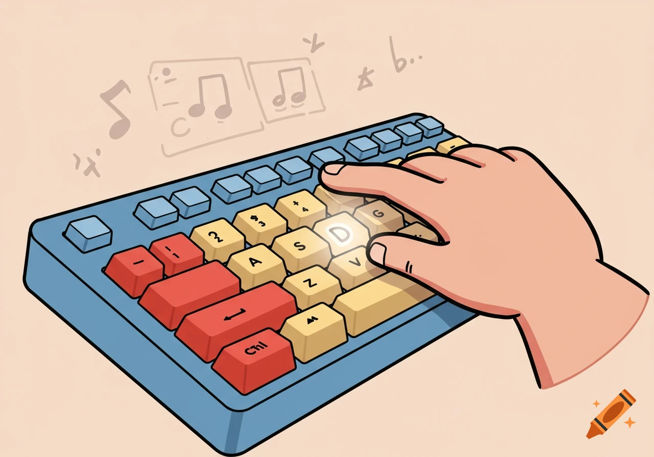 A cartoon illustration of a hand pressing the 'D' key on a blue and yellow keyboard, with musical notes and symbols floating above.