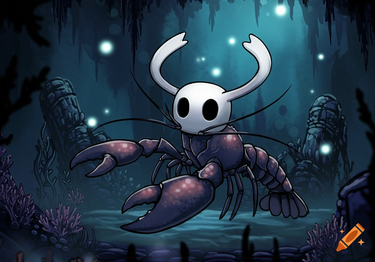 A cartoon-style image of a creature with the head of the Knight from Hollow Knight and the body of a purple lobster, in a dark, glowing cave.