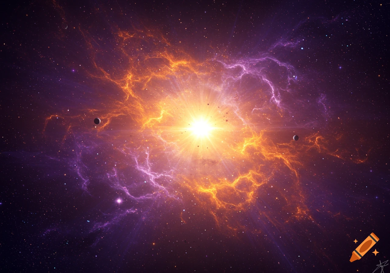 A vibrant cosmic nebula with a bright central light source, glowing orange and purple, surrounded by stars and distant planets.