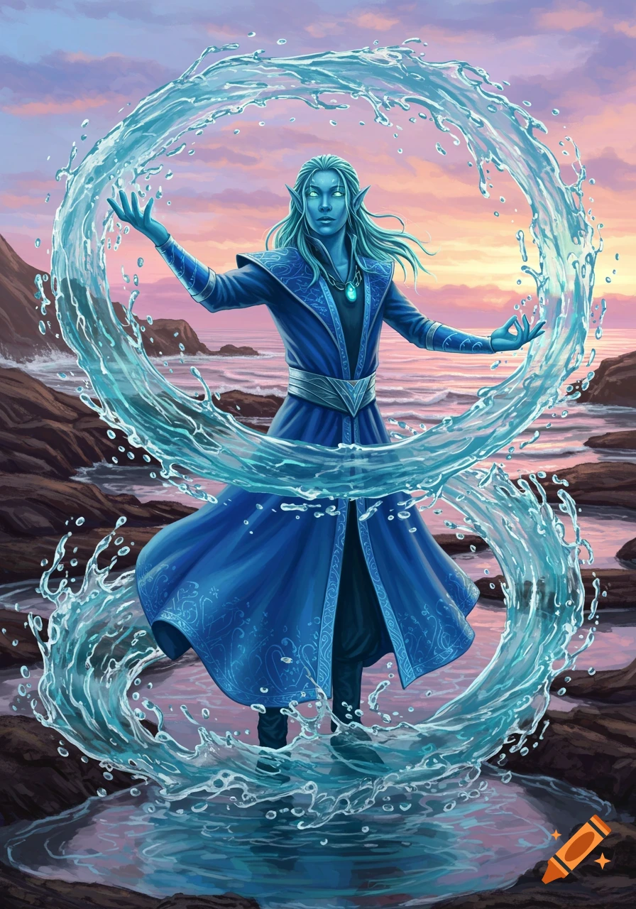 A blue-skinned elf in a blue robe manipulates water at a rocky coastline during sunset, in a fantasy art style.