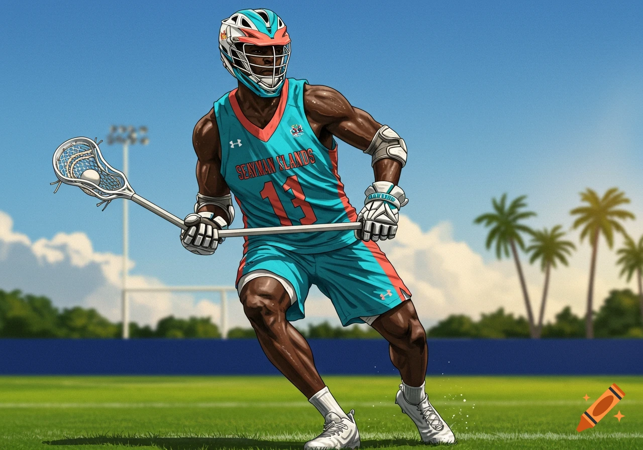 A Black male lacrosse player in a teal and orange jersey with 'SEAYMAN ISLANDS' and the number 13 on it, holding a lacrosse stick on a sunny field.