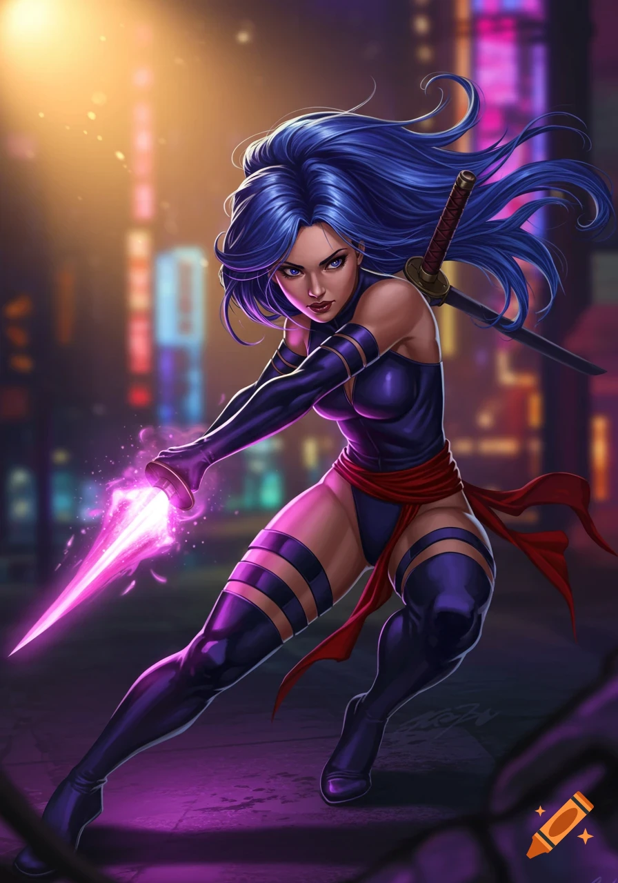 A dynamic illustration of Psylocke, a superhero with purple hair, holding a glowing psi-knife in an urban setting.