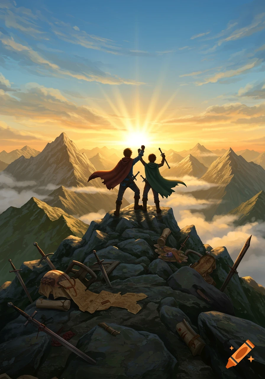 Two adventurers stand triumphantly on a mountain peak at sunrise, surrounded by mountains and discarded swords.