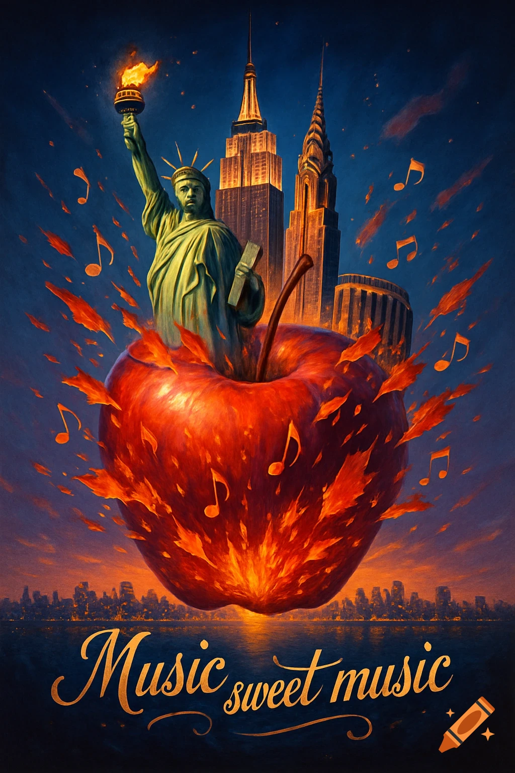 A giant red apple erupts with fire and musical notes, topped by the Statue of Liberty and New York City skyscrapers against a dramatic sky. Text reads "Music sweet music" at the bottom.