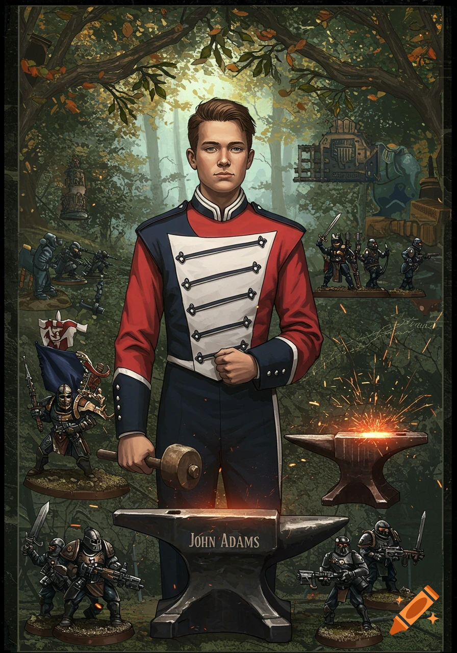 An illustrated portrait of a young man in a red, white, and blue marching band uniform, holding a hammer, standing amidst Warhammer-style miniature figures and anvils in a forest setting.