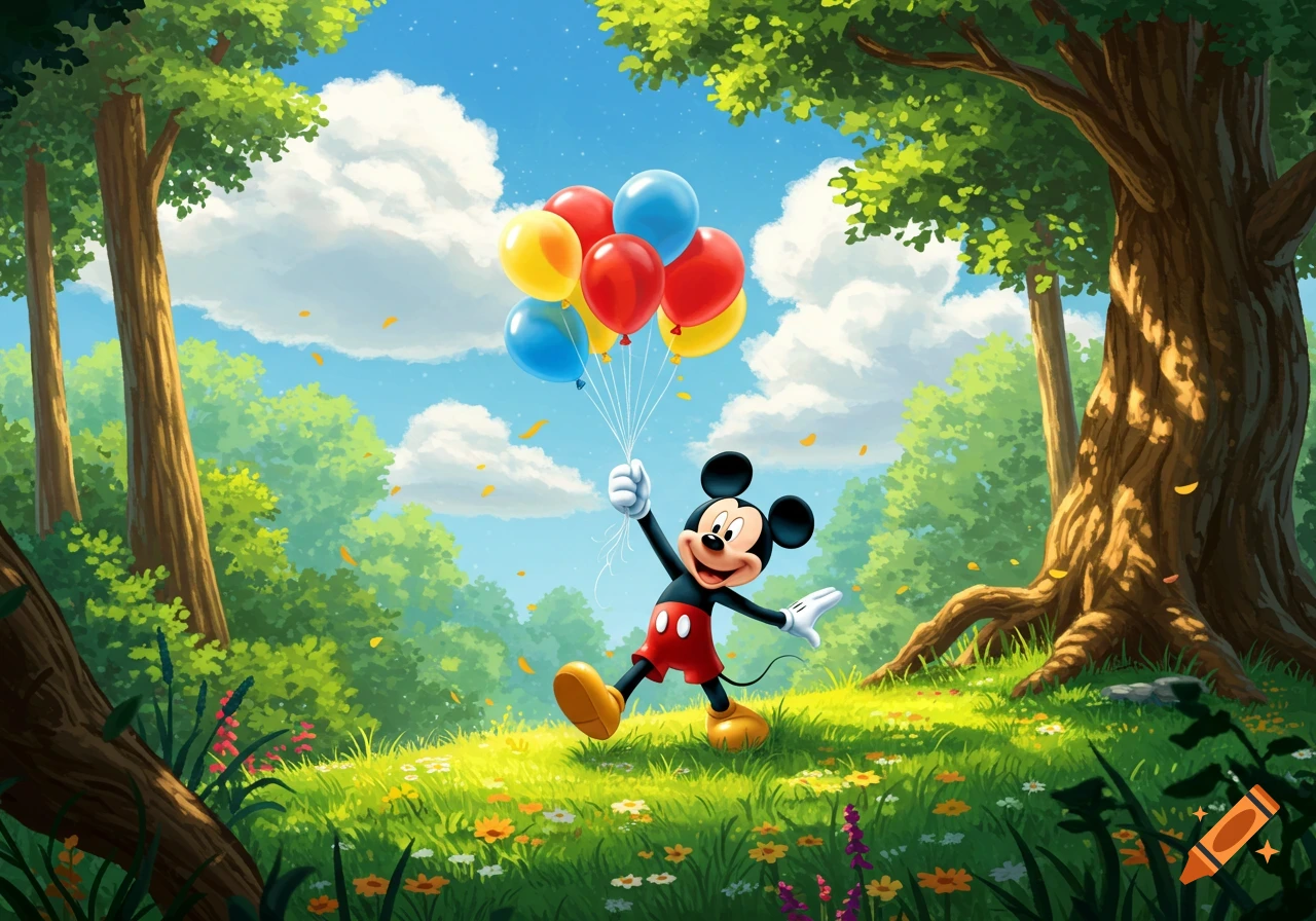 Mickey Mouse smiles while holding a bunch of colorful balloons in a bright green forest with trees and flowers under a blue sky.