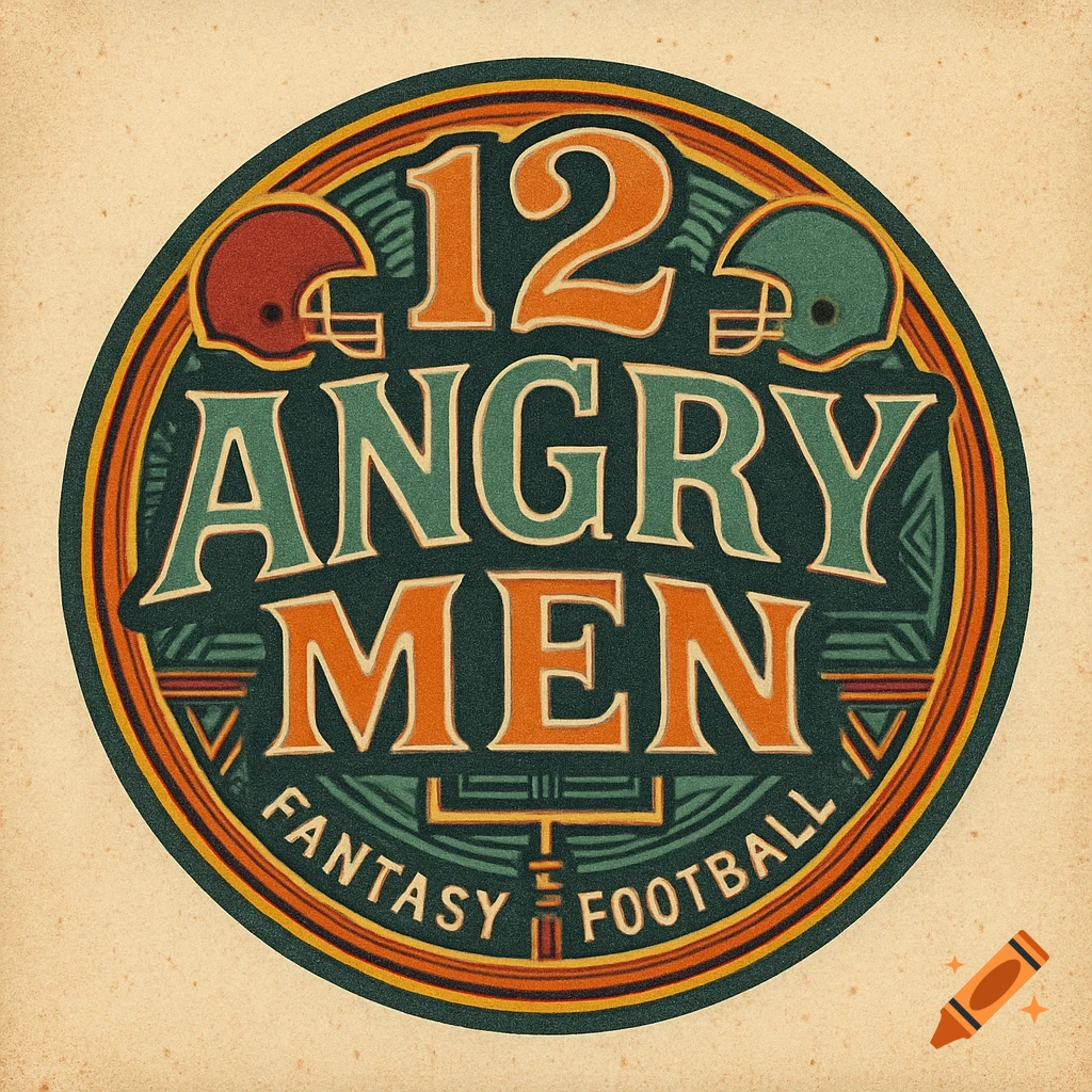 Vintage-style circular logo with '12 Angry Men Fantasy Football' text, two football helmets, and goalposts.