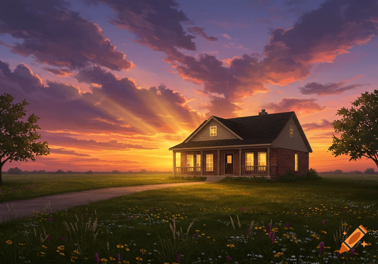 A single family home in a field at sunset with vibrant orange and purple clouds and sun rays.