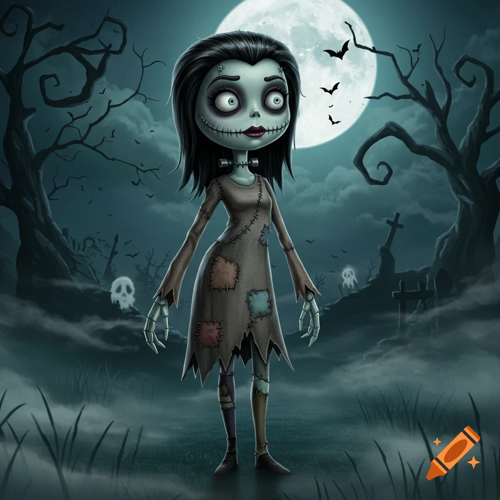 A stylized Frankenstein girl resembling Sally from Nightmare Before Christmas stands in a spooky graveyard under a full moon with bats and bare trees.