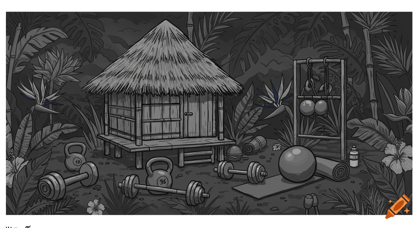 A black and white illustration of a tropical jungle scene featuring a tiki hut surrounded by various fitness equipment.