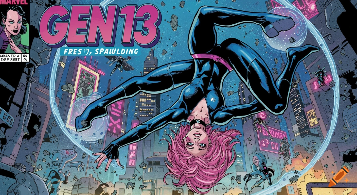 A 90s comic book cover with Gen 13's Freefall, Roxy Spaulding, floating upside down with pink hair in a black bodysuit against a futuristic cityscape with neon signs.
