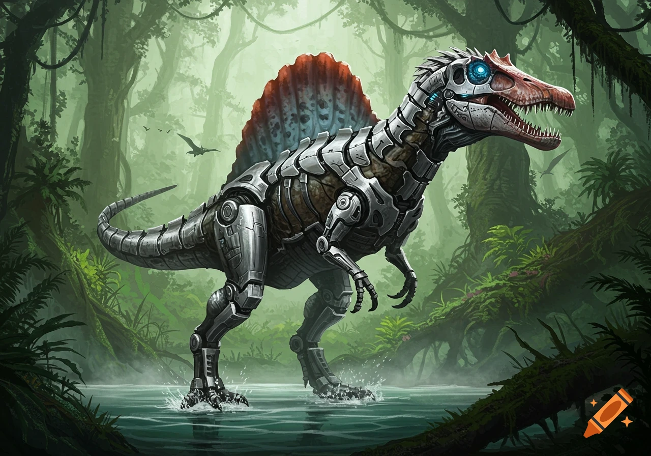A detailed robotic Spinosaurus with a red and blue fin, standing in shallow water in a lush green jungle.
