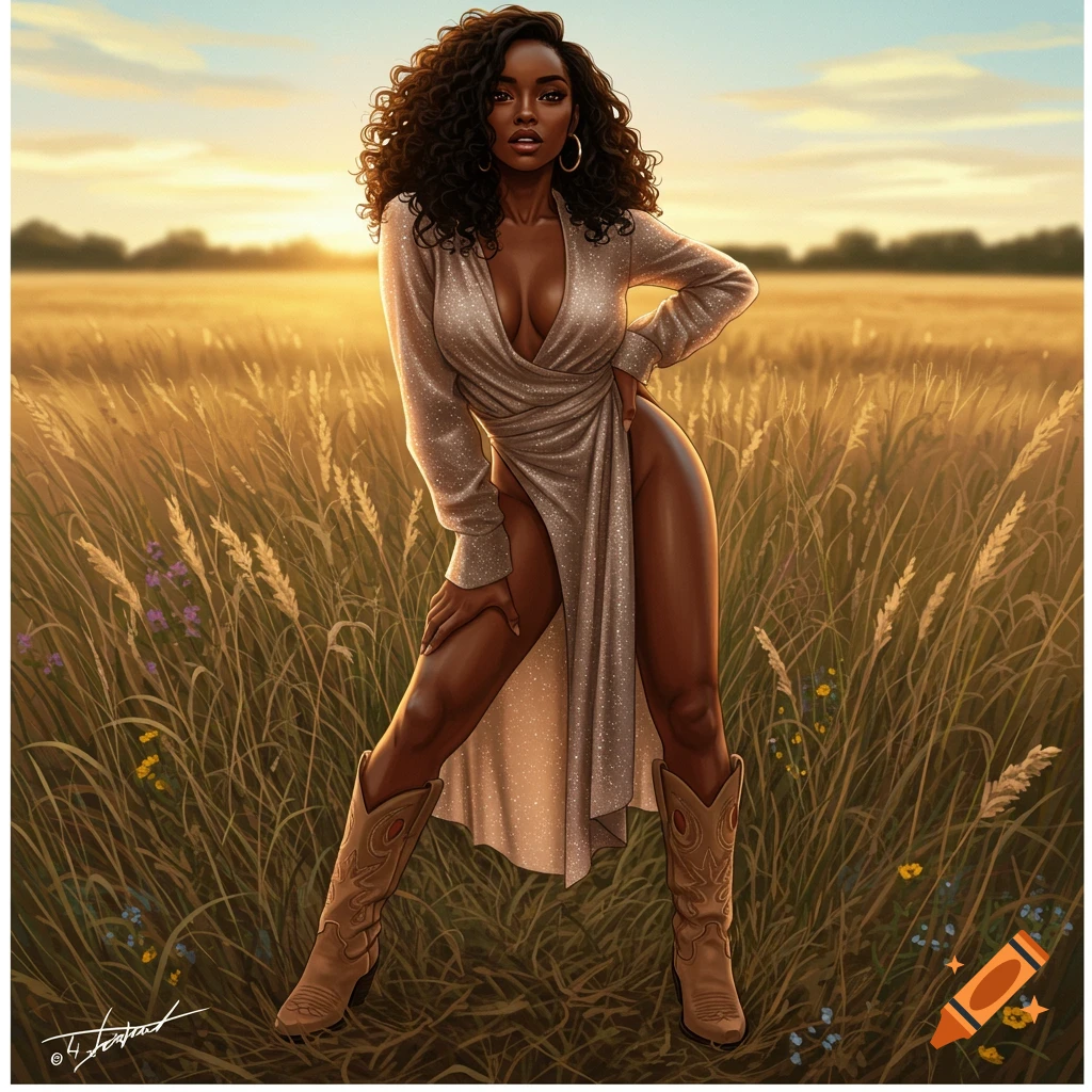 A black woman with curly hair in a shimmery dress and cowboy boots stands in a field at sunset, digital art.
