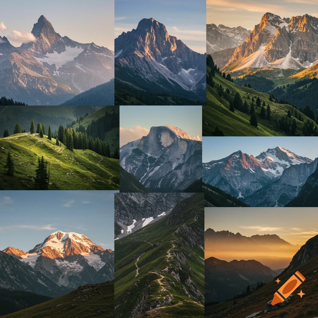 A 3x3 grid displays various mountain landscapes, showing diverse lighting from sunrise to sunset, with snowy peaks, green valleys, and winding trails.