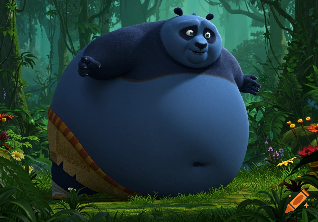 A gigantic, inflated dark blue panda, resembling a blueberry, stands in a vibrant jungle with a nervous expression in a 3D animation style.