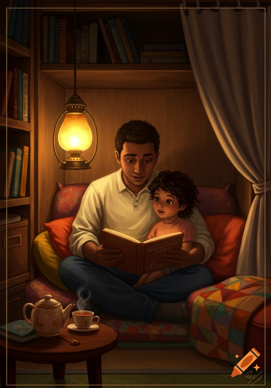 An illustration of a non-white parent and child reading a book in a cozy, dimly lit room with a lantern and bookshelves.