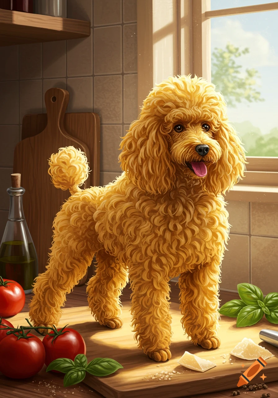 A fluffy, golden poodle made of noodles stands on a wooden cutting board in a sunlit kitchen, surrounded by tomatoes, basil, and cheese.