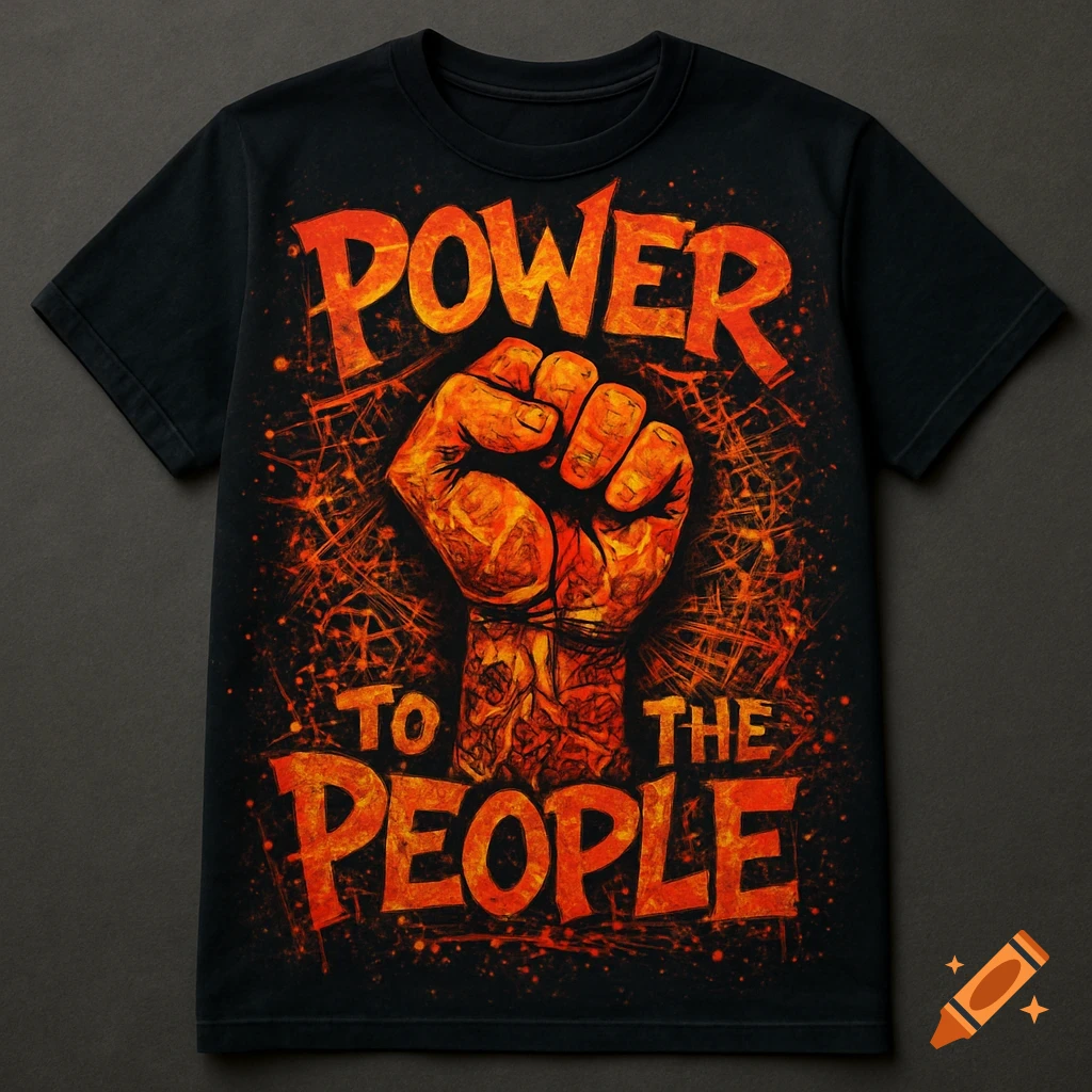 A black t-shirt with a vibrant red and orange graphic of a clenched fist and the words 'POWER TO THE PEOPLE' in a grunge style.