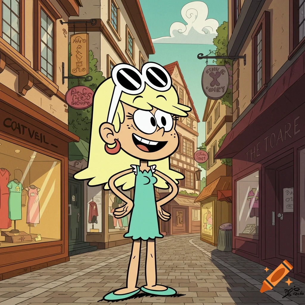 Leni Loud from The Loud House standing on a cobblestone street lined with shops.
