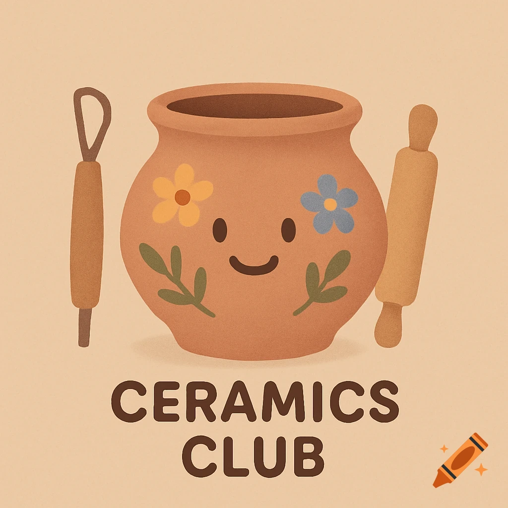 A cute illustration features a smiling ceramic pot flanked by a pottery tool and a rolling pin, with the text "CERAMICS CLUB" below, all on a beige background.