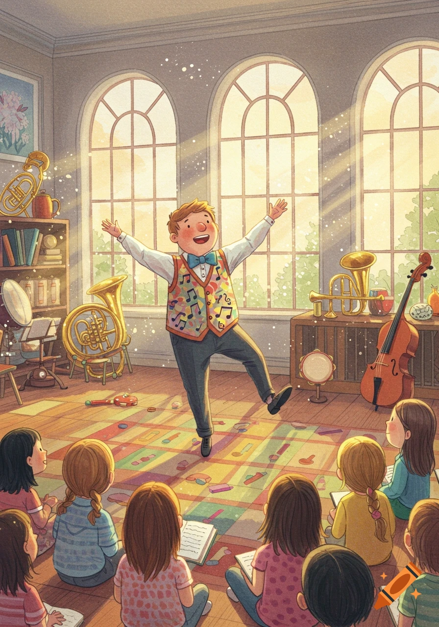 A cheerful music teacher with a music note vest stands with arms open in a sunlit classroom, teaching children sitting on a rug with notes, surrounded by instruments.