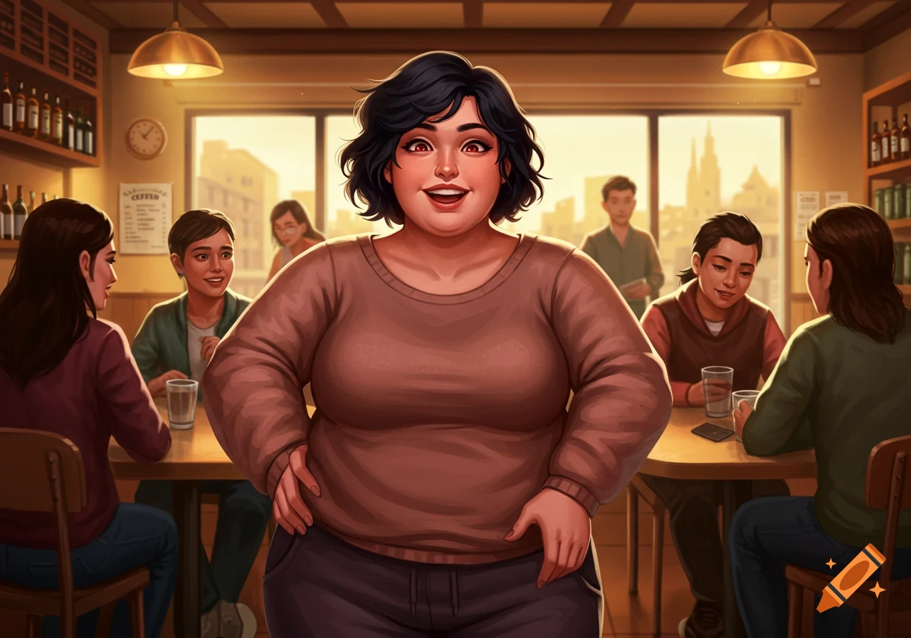 A smiling, plus-sized woman with short black hair and red eyes stands in a warm, illuminated cafe, with other people seated at tables in the background.