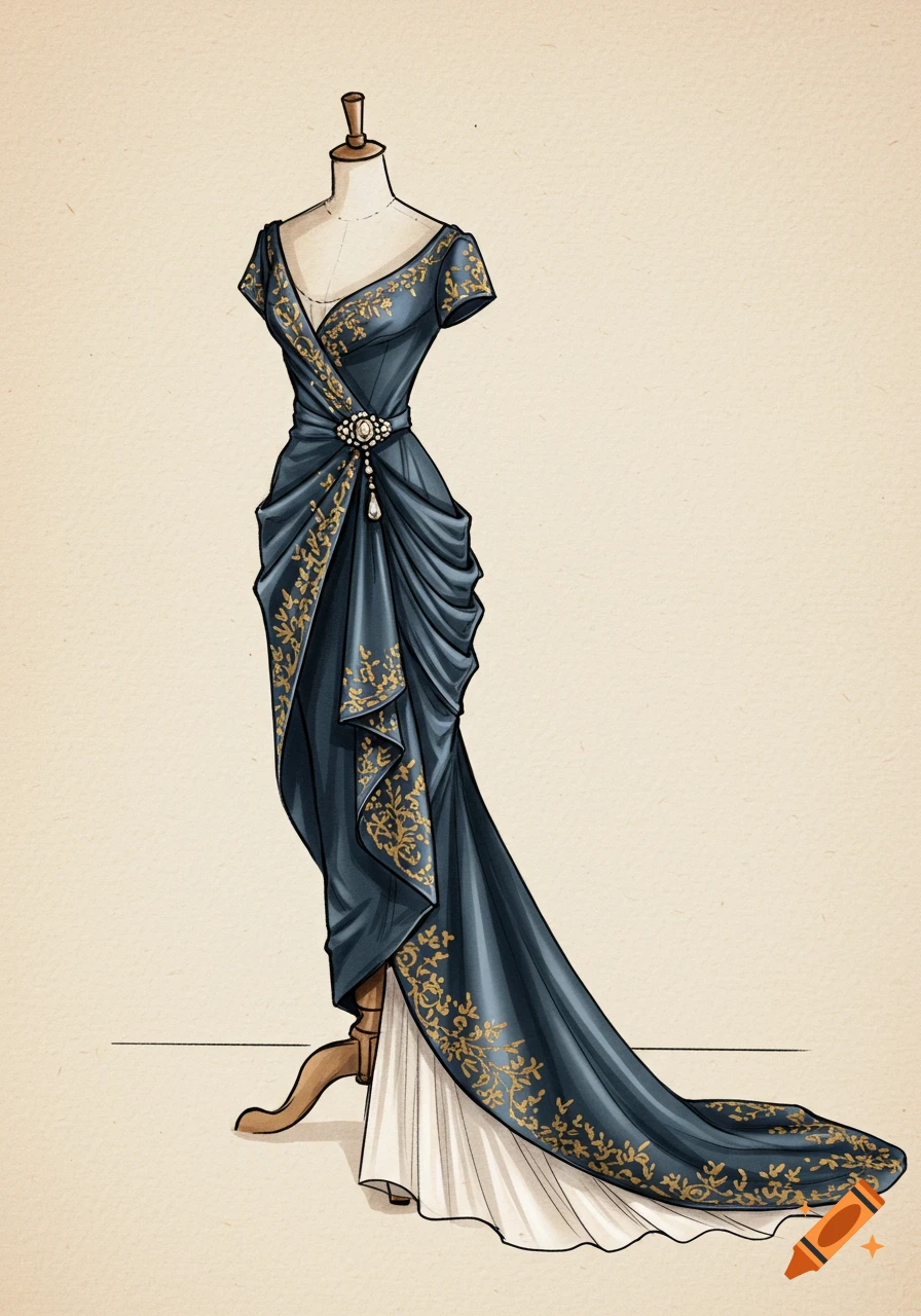 A historically-inspired fashion sketch of a deep blue evening gown with gold embroidery and a train, displayed on a mannequin.