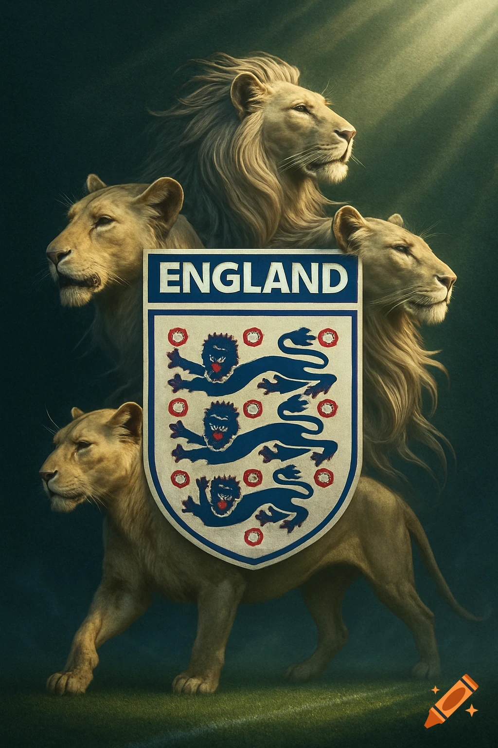 A majestic golden lion and lionesses surround the England soccer crest with three blue lions on a green background.