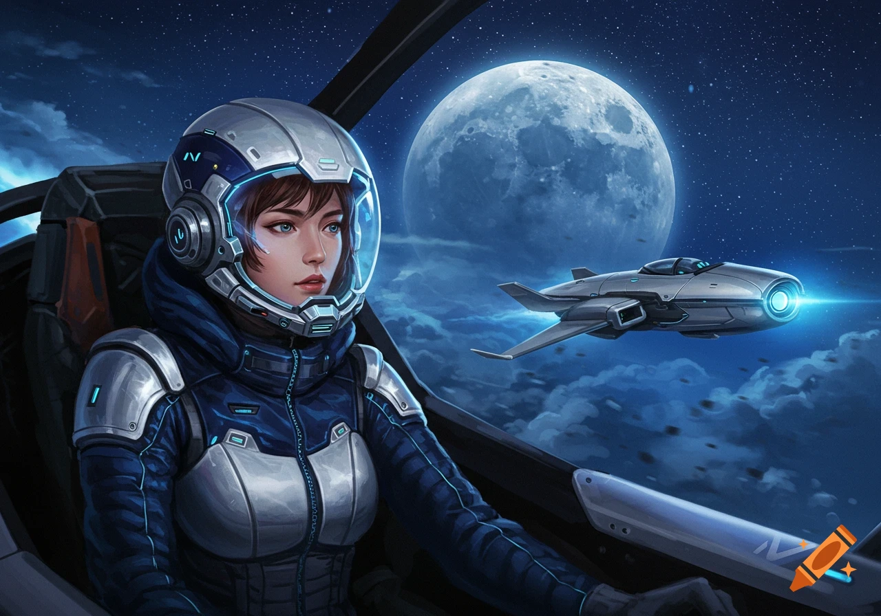 A female astronaut in a futuristic blue and silver suit sits in a spaceship cockpit, looking at a large moon and another spaceship in the night sky.