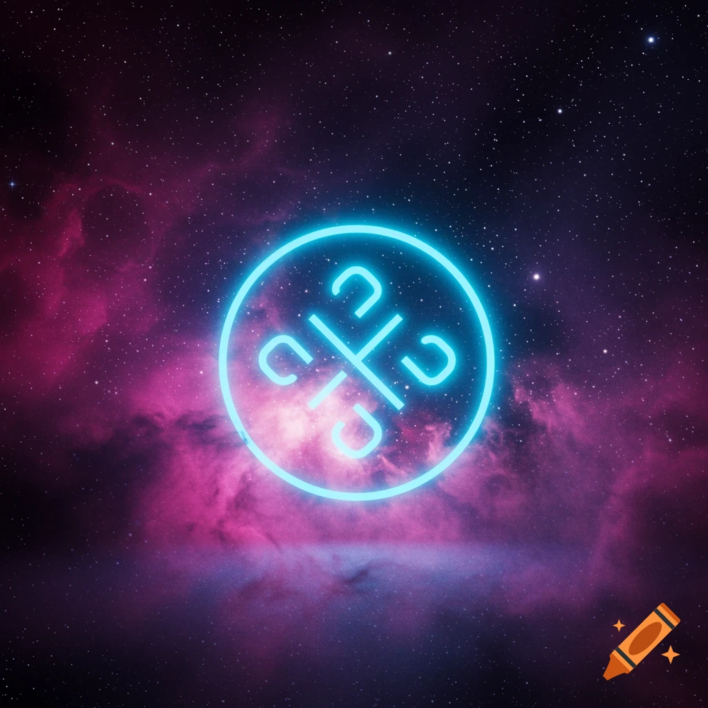 A glowing blue abstract symbol against a vibrant pink and purple nebula in space with scattered stars.