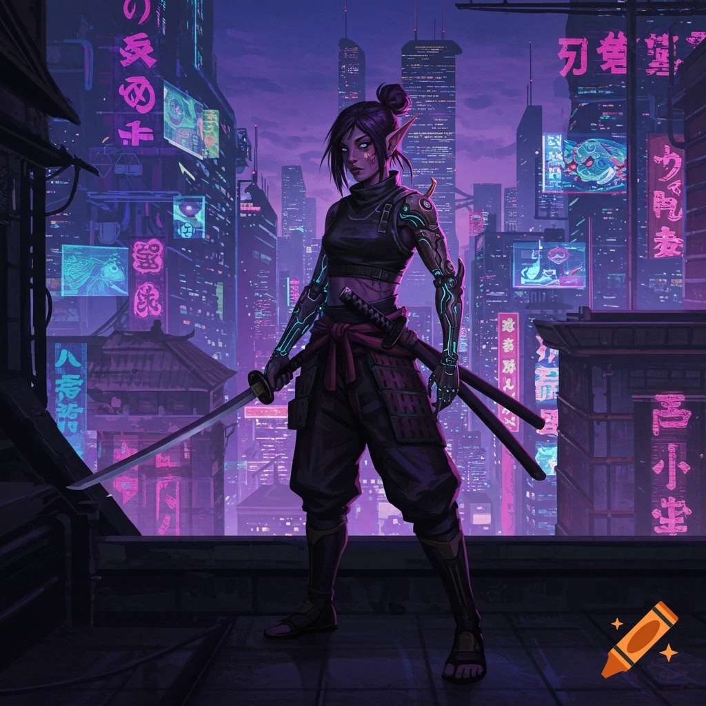 A female elf street samurai stands on a cyberpunk city rooftop at dusk, holding a katana amidst glowing neon signs.