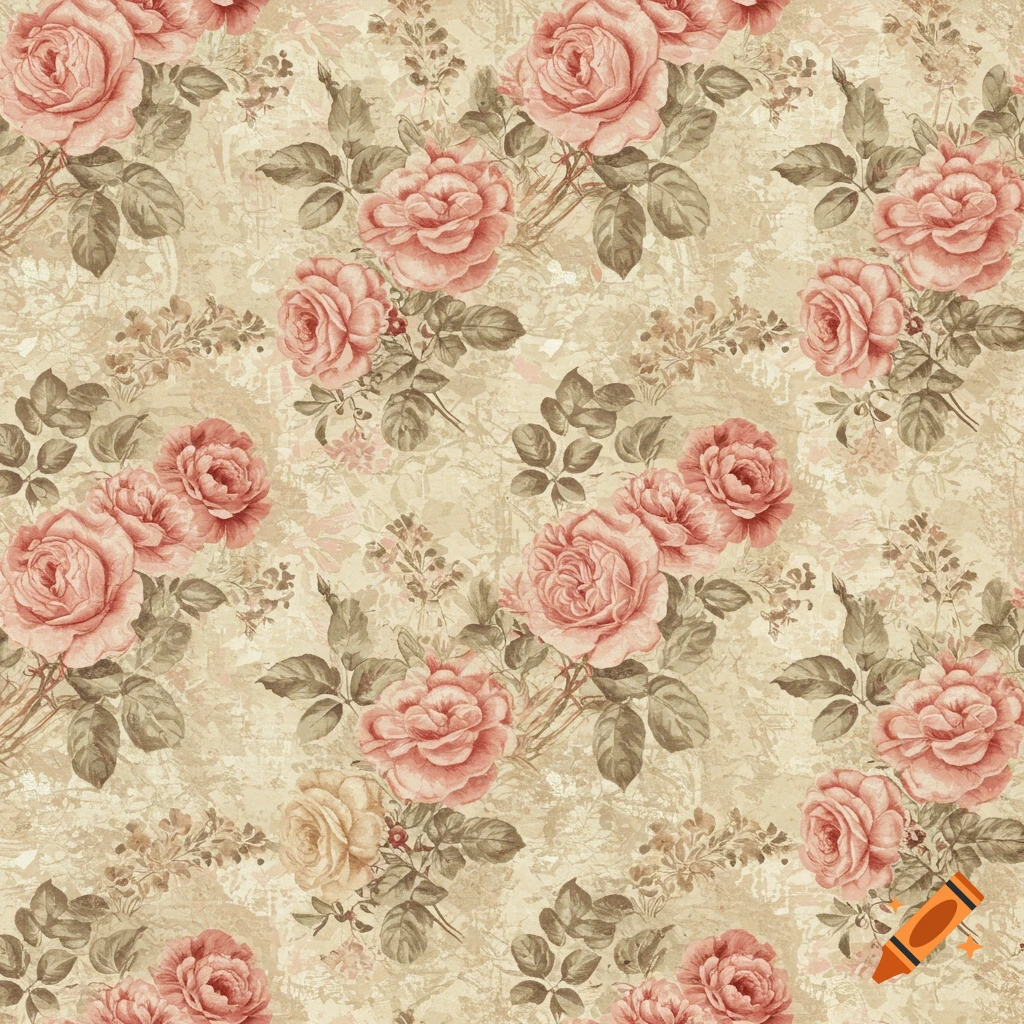 A seamless pattern of antique pink and beige roses with green leaves on a textured light brown background.