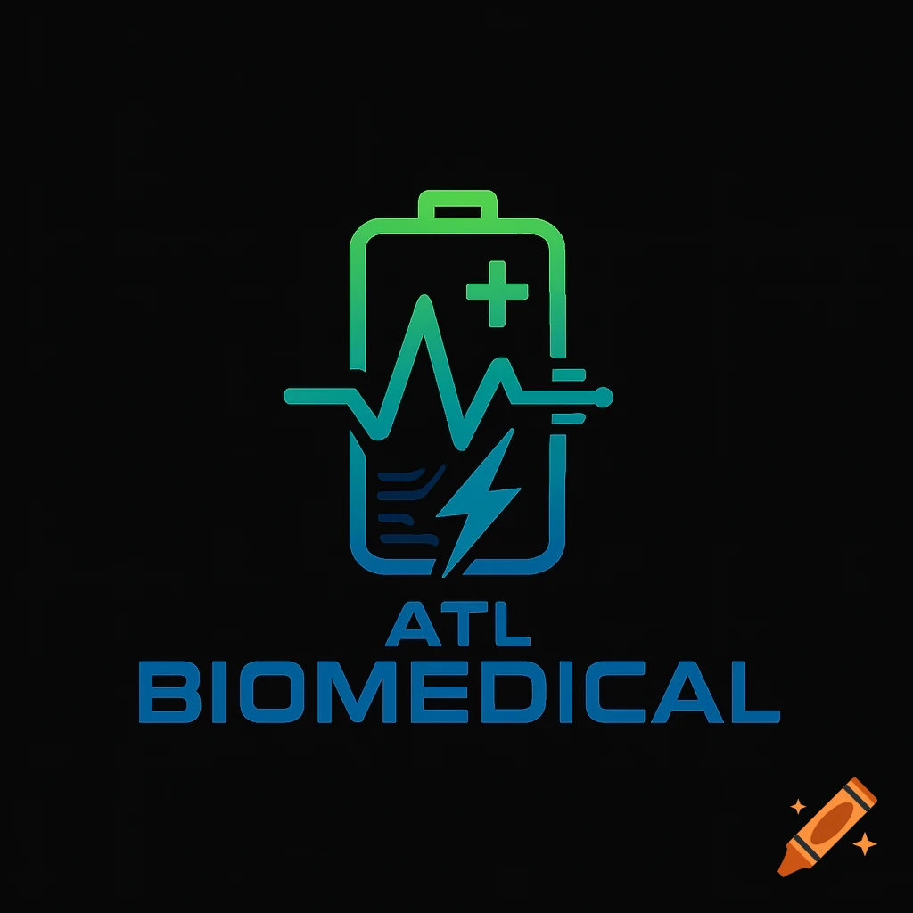 A modern logo features a green and blue battery icon with an ECG wave, medical cross, and lightning bolt, above the text "ATL BIOMEDICAL" on a black background.