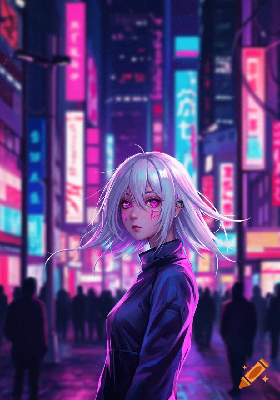 An anime girl with white hair and glowing pink eyes stands in a vibrant neon-lit cyberpunk city street at night.