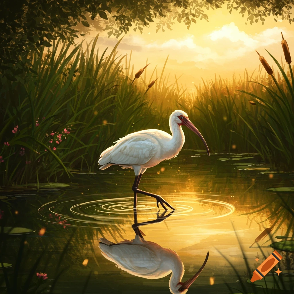 A white ibis stands in a golden wetland at sunset, its reflection shimmering on the water amidst tall reeds.