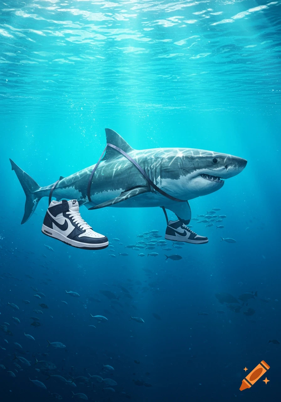 A photorealistic image of a great white shark wearing dark blue and white high-top sneakers, swimming underwater among small fish.