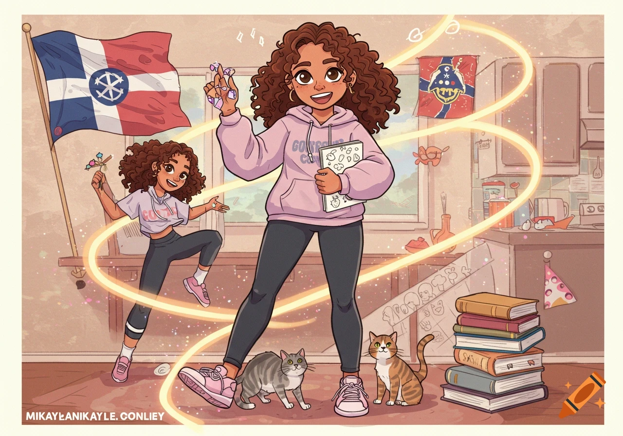 A cartoon illustration of a young woman with curly brown hair wearing a pink hoodie and leggings, holding a notebook, with two cats at her feet. Another smaller version of her dances in the background, surrounded by glowing golden lines. Books, flags, and kitchen items are also visible.