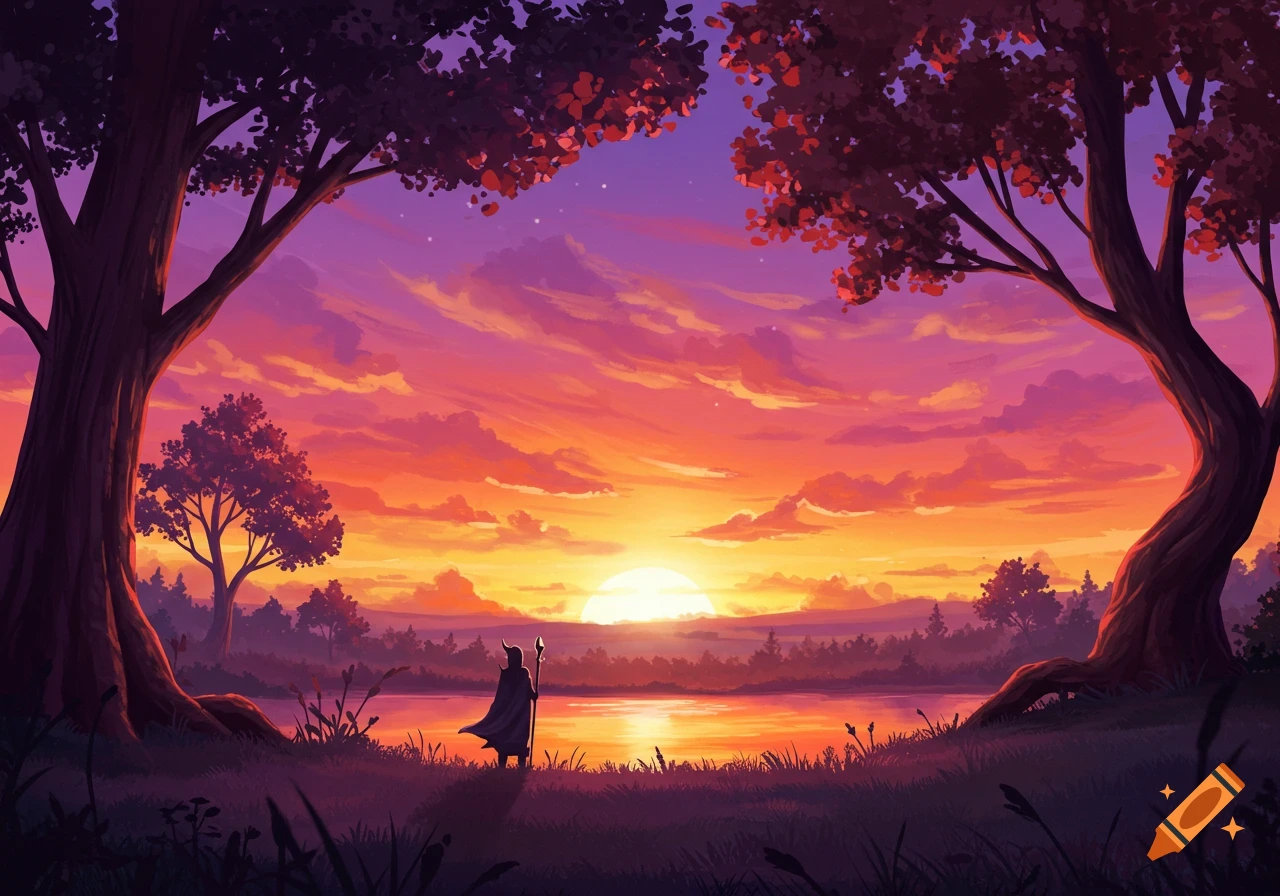 Stylized illustration of a robed figure gazing at a vibrant orange and purple sunset over a lake, framed by two large trees.