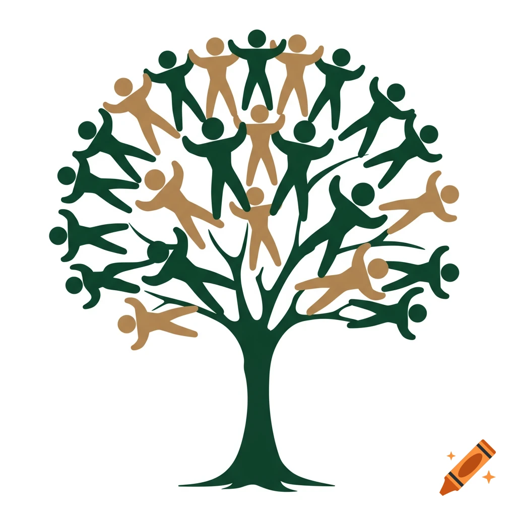 A stylized illustration of a tree formed by interconnected dark green and light brown human figures, symbolizing unity and family.