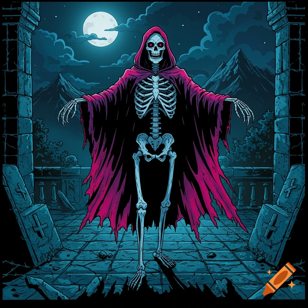 A comic book style skeleton in a tattered red hooded robe stands with outstretched arms in a moonlit gothic ruin with grave markers.