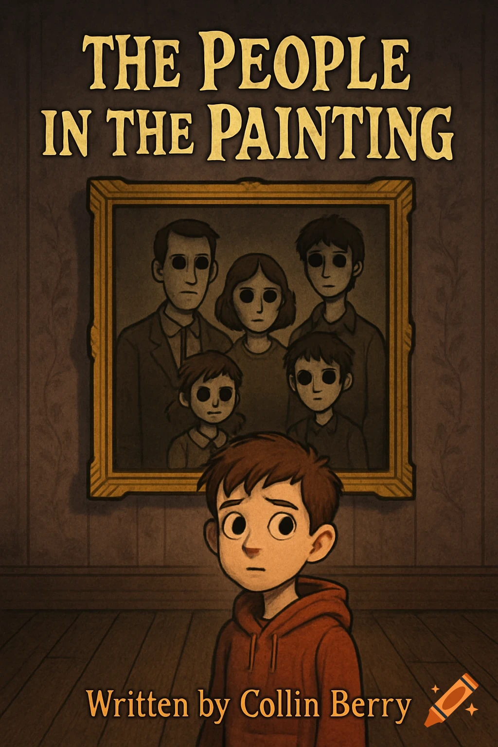 A cartoon illustration depicts a boy looking at a spooky painting of a black-eyed family in a dimly lit room, titled 'THE PEOPLE IN THE PAINTING' by Collin Berry.