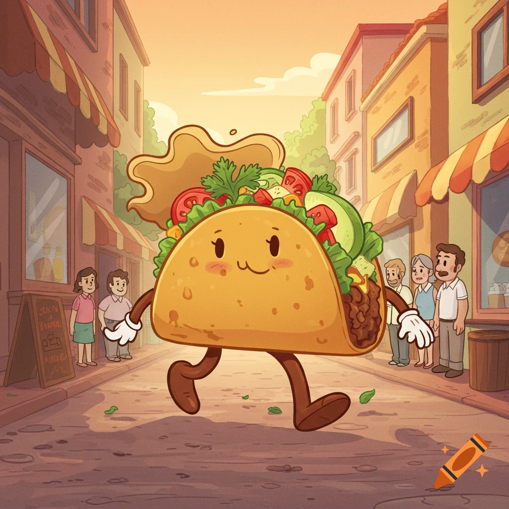 A smiling cartoon taco with legs walks down a vibrant street, past people and buildings, in a 90s Disney animation style.