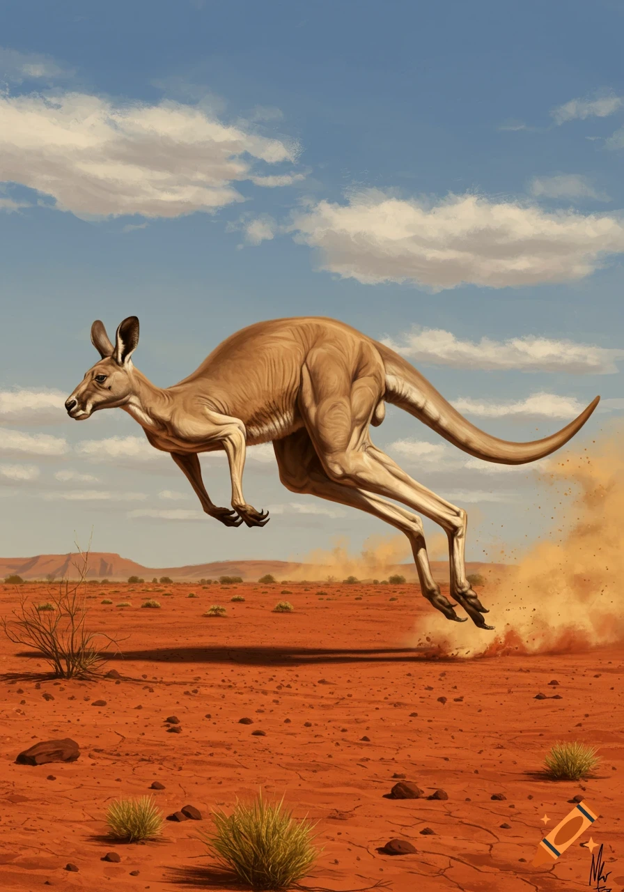 A kangaroo hops through a vast, arid red desert under a blue sky with scattered clouds, kicking up dust.
