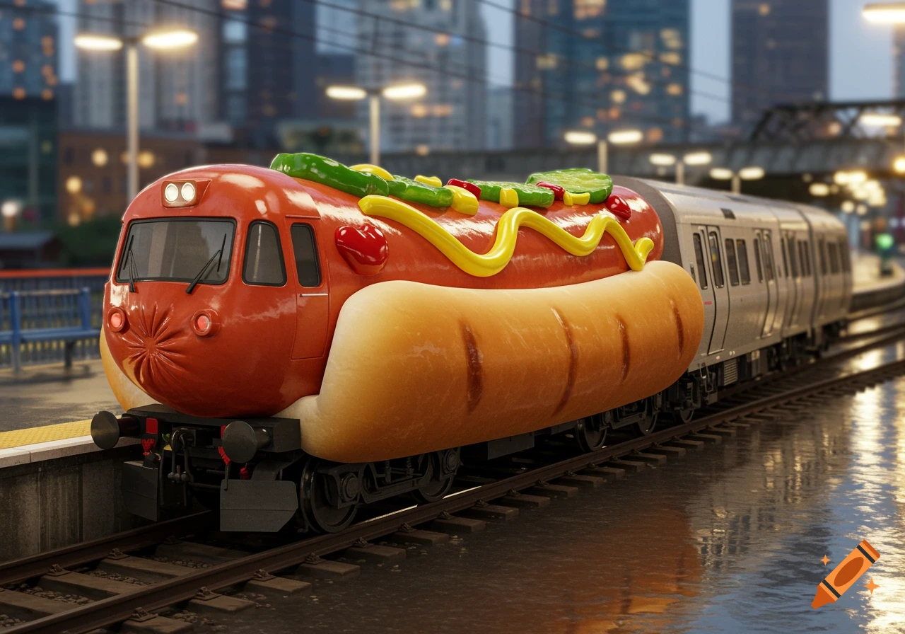 A photorealistic train shaped like a hot dog with mustard, relish, and ketchup sits on tracks at a city train station.