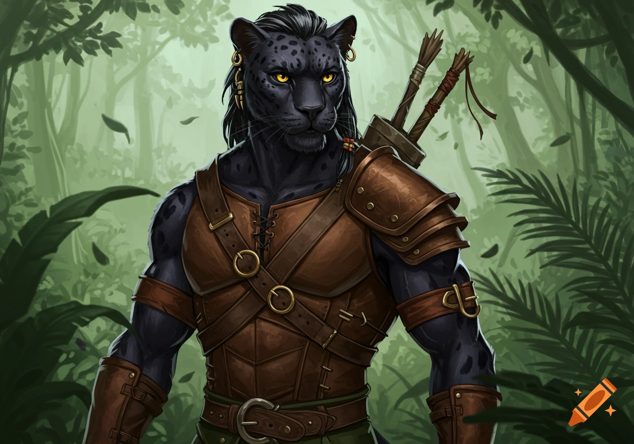 A muscular black panther man with golden eyes and black hair, wearing leather armor and ear piercings, stands in a vibrant jungle setting in a detailed digital illustration.