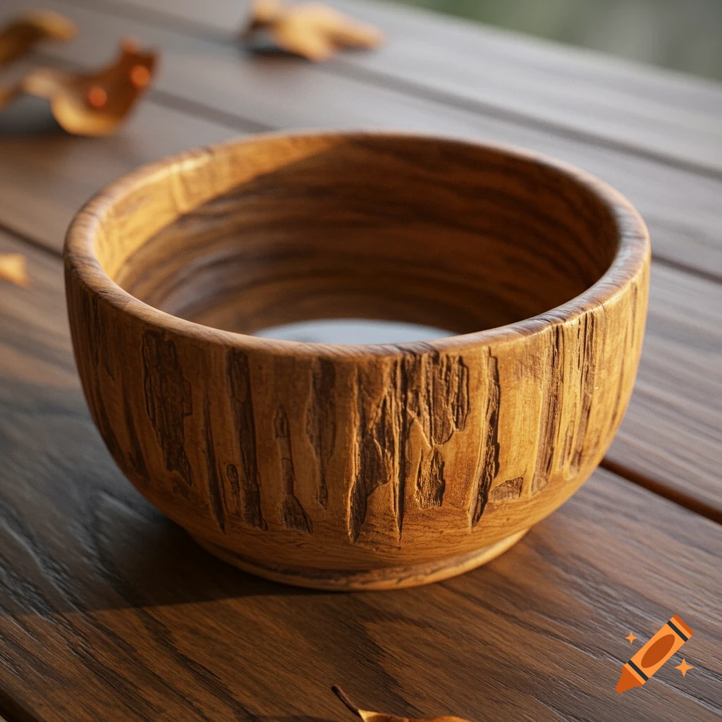 Close-up, photorealistic image of a textured wooden bowl on a rustic wooden table with autumn leaves.